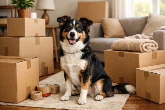 Dog sitting in living room surrounded by cardboard boxes during home relocation.