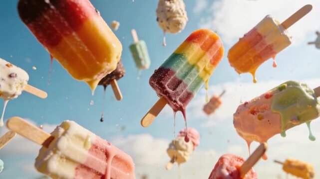 Colorful ice pops falling against a blue sky. Various flavors and shapes are visible, showcasing a vibrant summer treat.
