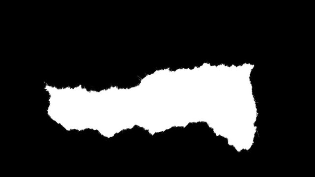 Rectangular paper scrap with large rough deckle edges and visible fiber texture. Black and white luma matte mask for text backgrounds, photo frames and organic stop-motion collage effects.