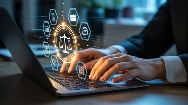 A person in a suit using a laptop with a digital scale icon and various legal symbols floating above the keyboard
