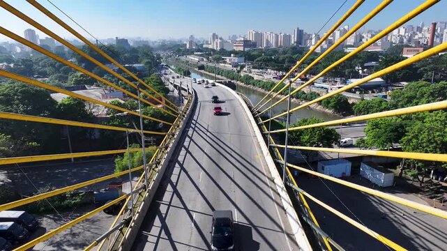 Suspension Bridge In Sao Paulo Brazil. Stunning Landscape Of Highway Road Viewed From Above. Business Sky Downtown Cityscape. Backgrounds Panorama. Sao Paulo Brazil.