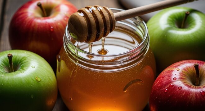 Apples and jar of golden liquid with wooden dripper
