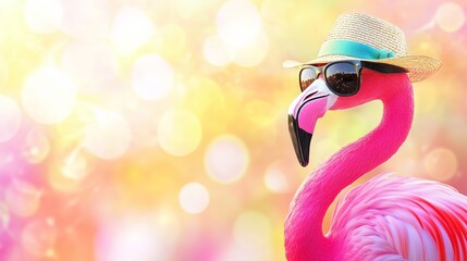 Obraz premium Flamingo wearing hat and sunglasses in bright setting with colorful background