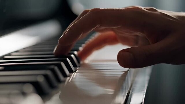 Close-up of a person's hand playing the piano, capturing the delicate touch on the keys