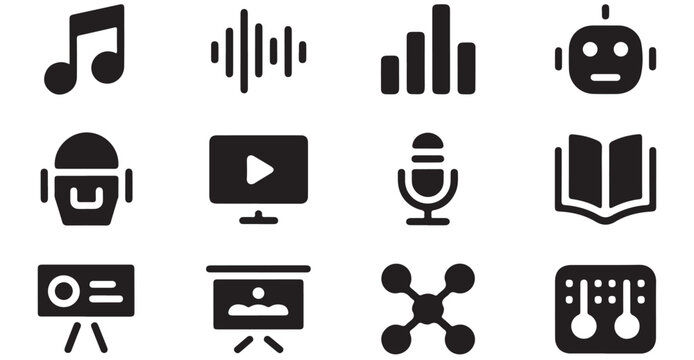 Set of music sound waves bar charts robots video player microphone book and presentation icons.