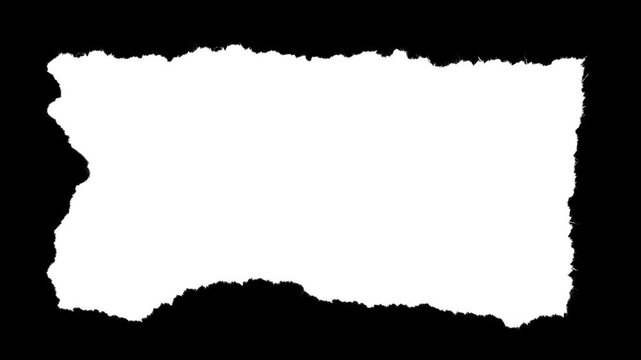 Rectangular paper scrap with medium rough deckle edges and visible fiber texture. Black and white luma matte mask for text backgrounds, photo frames and organic stop-motion collage effects.