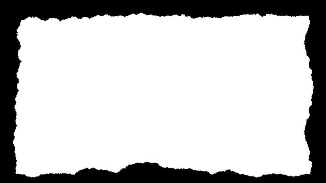 Rectangular paper scrap with small rough deckle edges and visible fiber texture. Black and white luma matte mask for text backgrounds, photo frames and organic stop-motion collage effects.