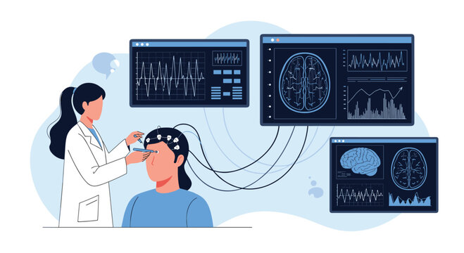 Medical researcher or doctor placing electrodes on a patient head for neuroscientific brain activity monitoring and data analysis.