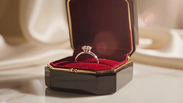 Elegant black and gold octagonal jewelry box on a reflective surface