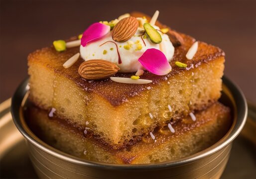 Delicious shahi tukda or bread pudding garnished with cream, nuts, saffron and rose petals in a bowl
