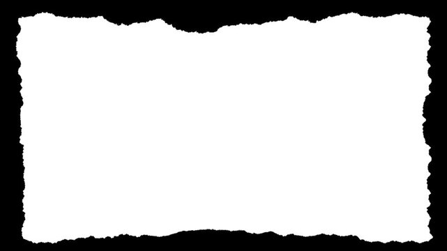 Rectangular paper scrap with small rough deckle edges and visible fiber texture. Black and white luma matte mask for text backgrounds, photo frames and organic stop-motion collage effects.