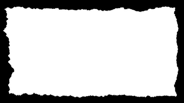 Rectangular paper scrap with small rough deckle edges and visible fiber texture. Black and white luma matte mask for text backgrounds, photo frames and organic stop-motion collage effects.