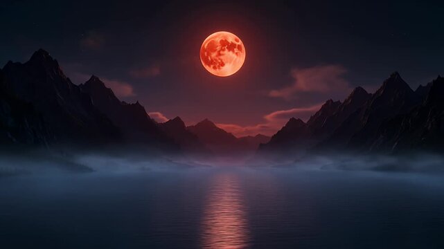 Blood moon rising over dark mountain range, glowing red full moon reflecting in calm lake water, mystical night landscape with fog and clouds