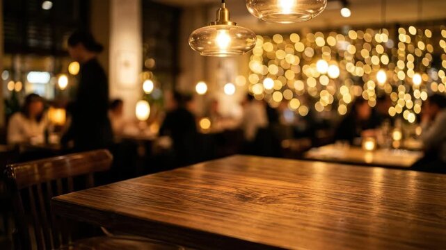 Handsome walnut-grain caf&eacute; table bathed in warm bokeh from pendant lights above a cozy restaurant interior, the surface empty and perfectly clean, richly textured wood grain catching the directional