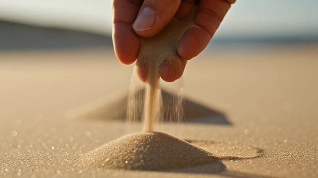 Golden grains of sand slip through fingers, symbolizing the fleeting passage of time and the beauty of natural elements