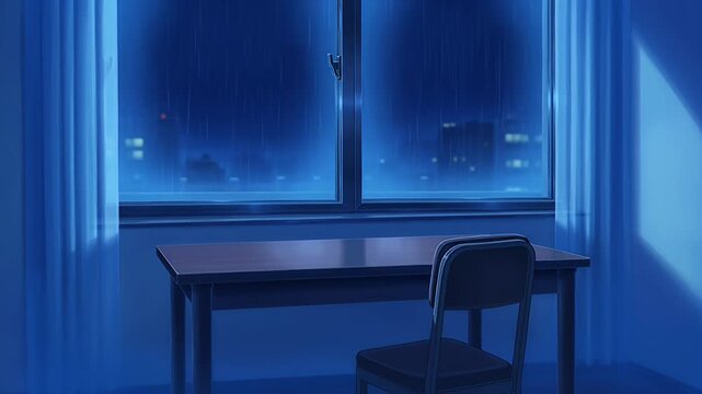 Anime style rainy night window view, lo-fi aesthetic dark blue room with desk and chair, melancholic city rain background for lofi music