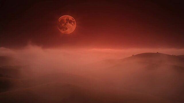 Mysterious blood moon over foggy hills, cinematic red lunar eclipse in misty night sky, spooky dark landscape with full moon and rolling fog