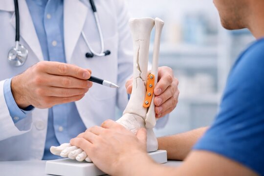 Doctor showing bone fracture model with fixation plate to patient during orthopedic consultation.