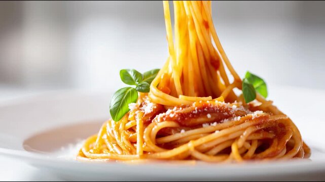 Fork twirling spaghetti with tomato sauce, garnished with fresh basil and parmesan cheese
