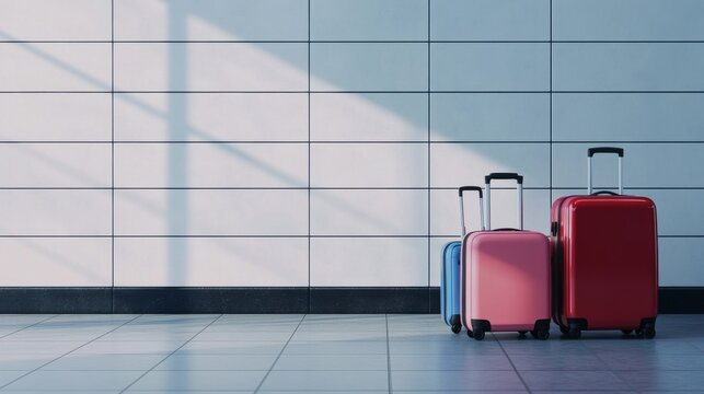 Travel bags waiting by the wall inside an airport terminal during daytime with sunlight shining through windows
