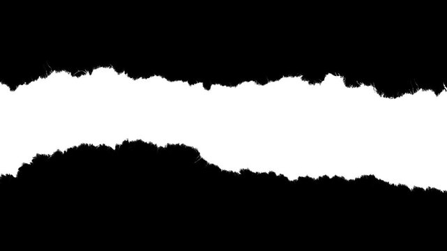 Horizontal paper strip with large rough edges and visible fiber texture. Black and white luma matte mask for video title reveals, paper rip transitions, and stop-motion collage effects.