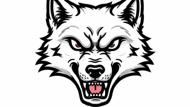 A snarling wolf head in black and white with red eyes and pink mouth