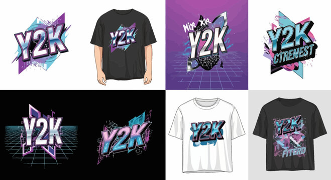 Y2K Retro Graphic T-shirt Designs with Glitch and Vaporwave Aesthetics