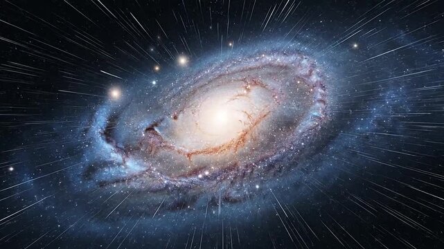 A bright spiral surrounded by long streaks of light in deep space