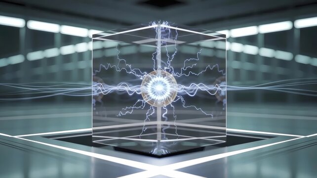 Futuristic energy research in clear containment vessel &ndash; Perfect for physics documentaries, advanced technology, or sci-fi themes.