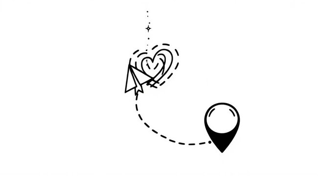 Minimalist paper plane animation with heart trail and map pin, hand drawn travel concept video, romantic flight path illustration on white background