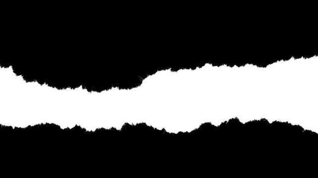 Horizontal paper strip with large rough edges and visible fiber texture. Black and white luma matte mask for video title reveals, paper rip transitions, and stop-motion collage effects.