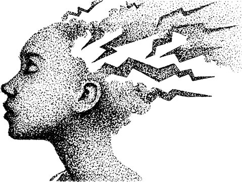 Female profile head emitting jagged lightning on white background
