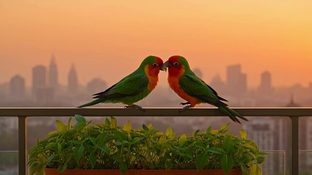 Sun Conure parrots perched on balcony railing at sunset, colorful tropical birds with city skyline background, exotic pet parrots in urban setting