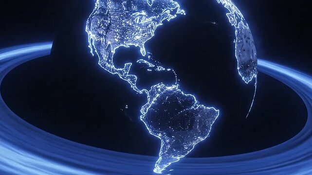 A glowing blue planet with rings floating in the dark void of deep space