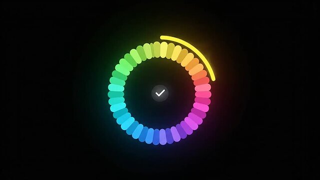 A colorful circular loading indicator with a checkmark on a dark background