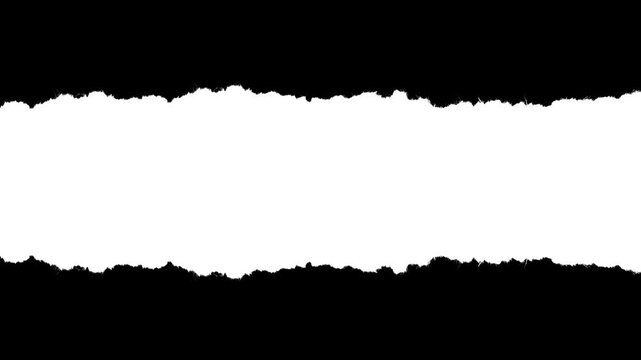 Horizontal paper strip with medium rough edges and visible fiber texture. Black and white luma matte mask for video title reveals, paper rip transitions, and stop-motion collage effects.