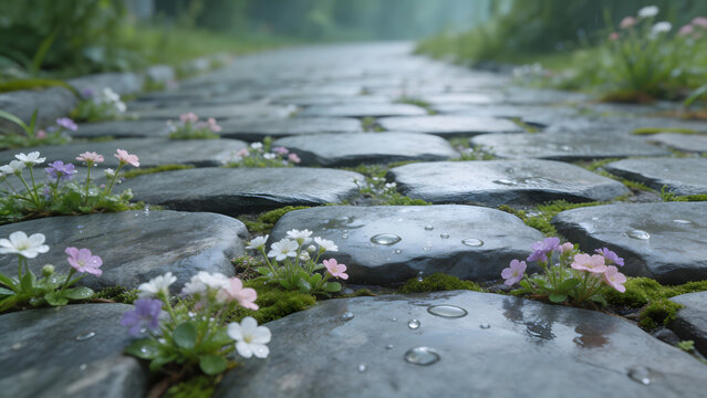 Wet cobblestone path with flowers
