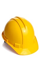 Fototapeta premium A bright yellow protective construction helmet sits against a clean white background, showing details of its shape and visor. It is a common safety item
