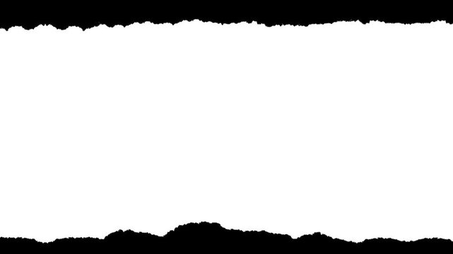 Horizontal paper strip with small rough edges and visible fiber texture. Black and white luma matte mask for video title reveals, paper rip transitions, and stop-motion collage effects.