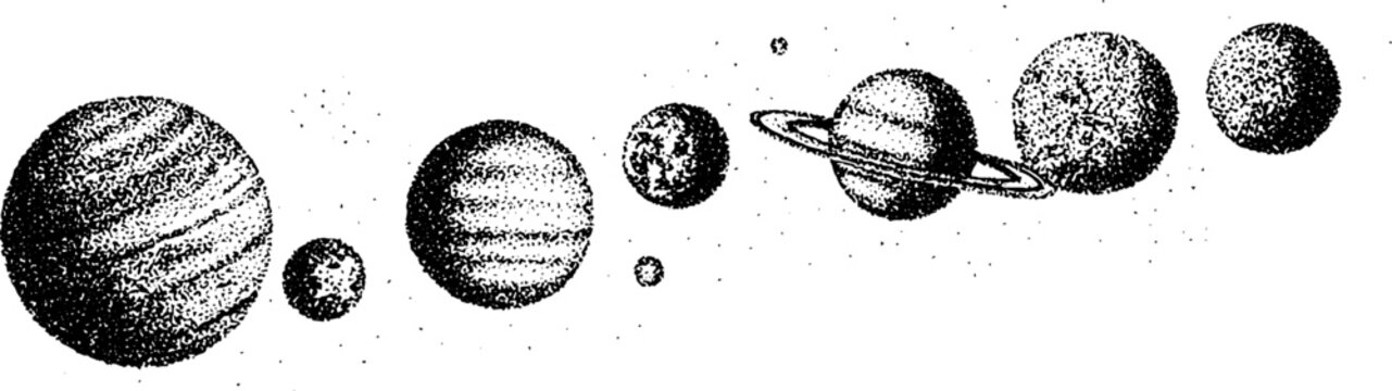 Row of planets in varying sizes aligned on white background illustration