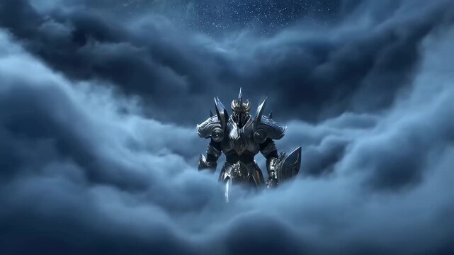 Armored warrior emerging from dark stormy clouds, symbolizing strength and resilience in the face of adversity