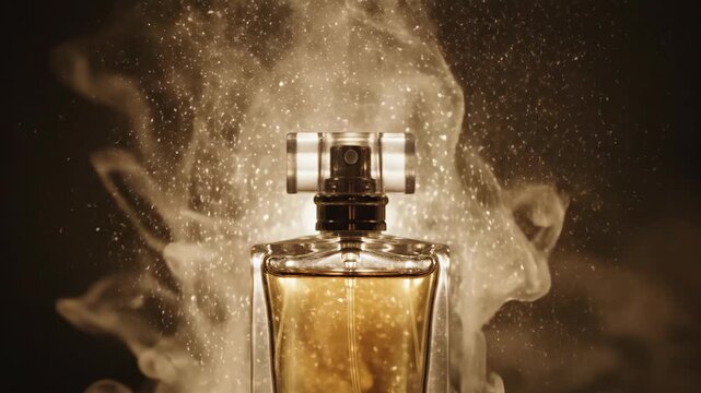 Close-up of a glass perfume bottle spraying a fine mist of golden liquid against a dark background, ideal for luxury beauty advertisements.
