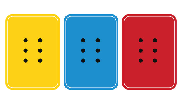 Set of three colorful cards in yellow, blue, and red with six-dot patterns