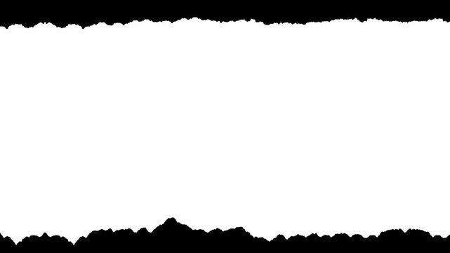 Horizontal paper strip with small rough edges and visible fiber texture. Black and white luma matte mask for video title reveals, paper rip transitions, and stop-motion collage effects.