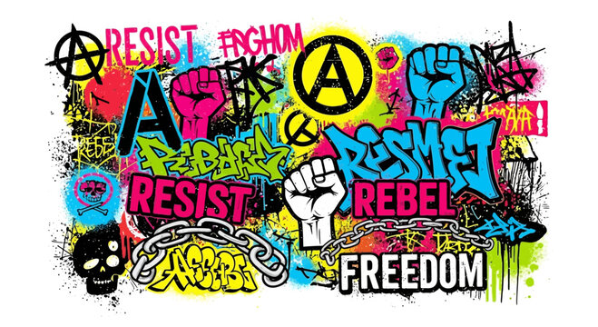 Graffiti Art: Resist, Rebel, Freedom, Anarchy Symbols, Fist, Skull, Urban Street Art