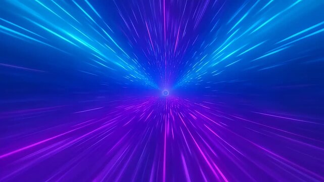 Abstract hyper speed motion background, glowing blue and purple light rays, futuristic warp drive space travel effect, neon light trails loop