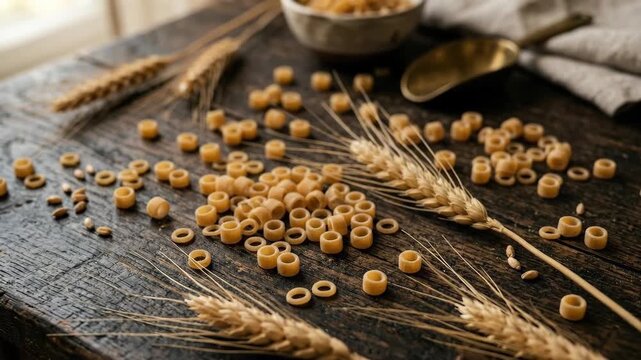 Dry pasta circles scatter across a dark textured surface, raw wheat shapes forming a rustic organic composition with natural grain detail and minimal kitchen styling, photorealistic, cinematic shot,
