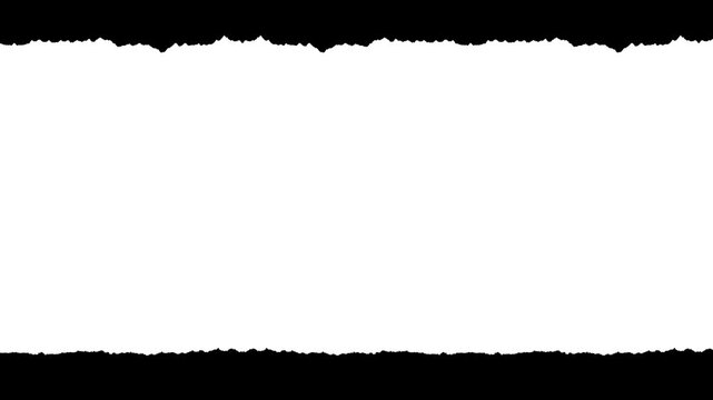 Horizontal paper strip with tiny rough edges and visible fiber texture. Black and white luma matte mask for video title reveals, paper rip transitions, and stop-motion collage effects.