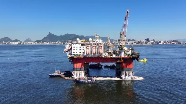 Oil Platform In Niteroi Rio De Janeiro Brazil. Breathtaking Aerial View Of Oil Exploration Platform Over Sea. Shore Clouds Beach Sea. Shore Panorama. Niteroi Rio de Janeiro.