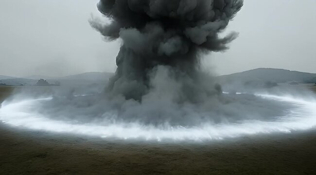 Cinematic nuclear explosion with massive mushroom cloud, powerful shockwave expanding across desolate landscape, atomic blast effect in gray atmosphere